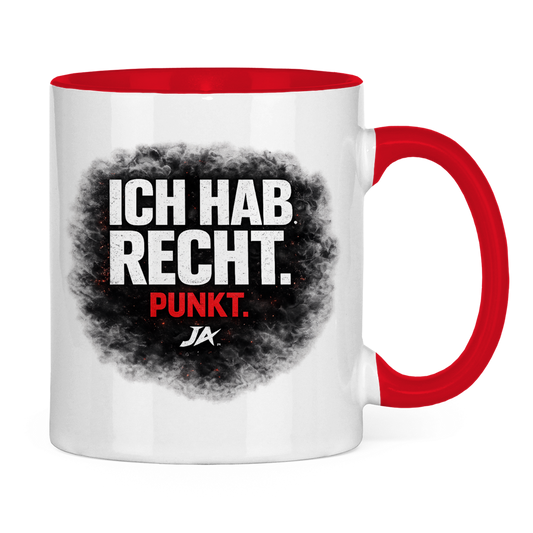JA Ich hab Recht – Tasse in Rot, Rückansicht, ebenfalls bedruckt