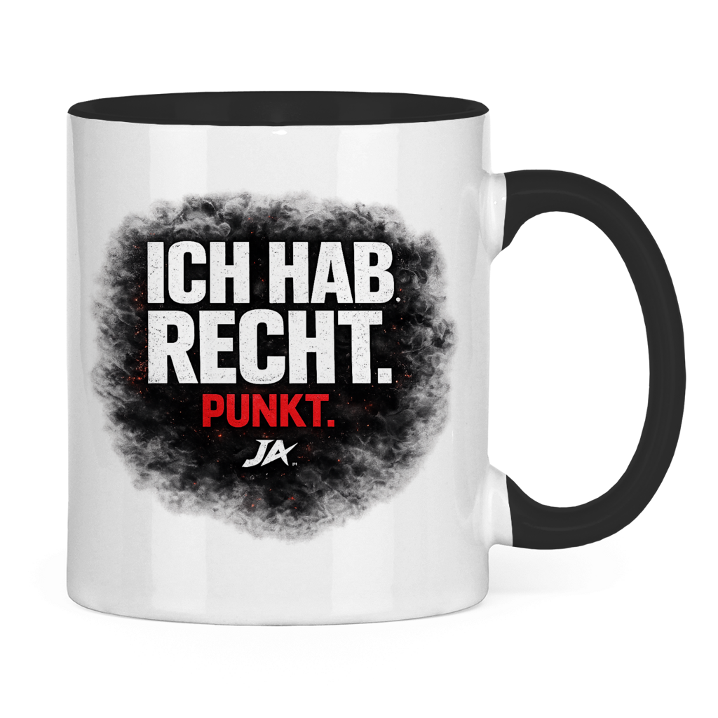 JA Ich hab Recht – Tasse in Schwarz, Rückansicht, ebenfalls bedruckt