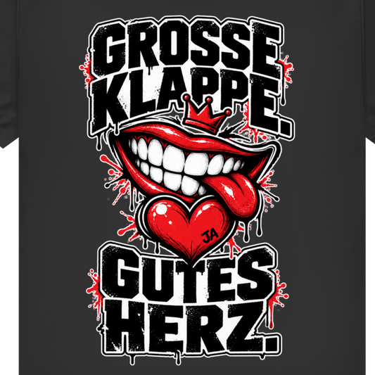 JA Große Klappe, gutes Herz – Damen-Bio-T-Shirt, Nahaufnahme vom Motiv