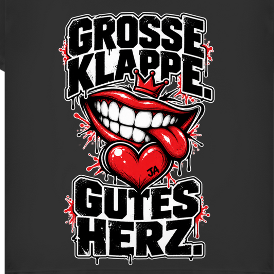 JA Große Klappe, gutes Herz – Damen-V-Neck-Shirt, Nahaufnahme vom Motiv