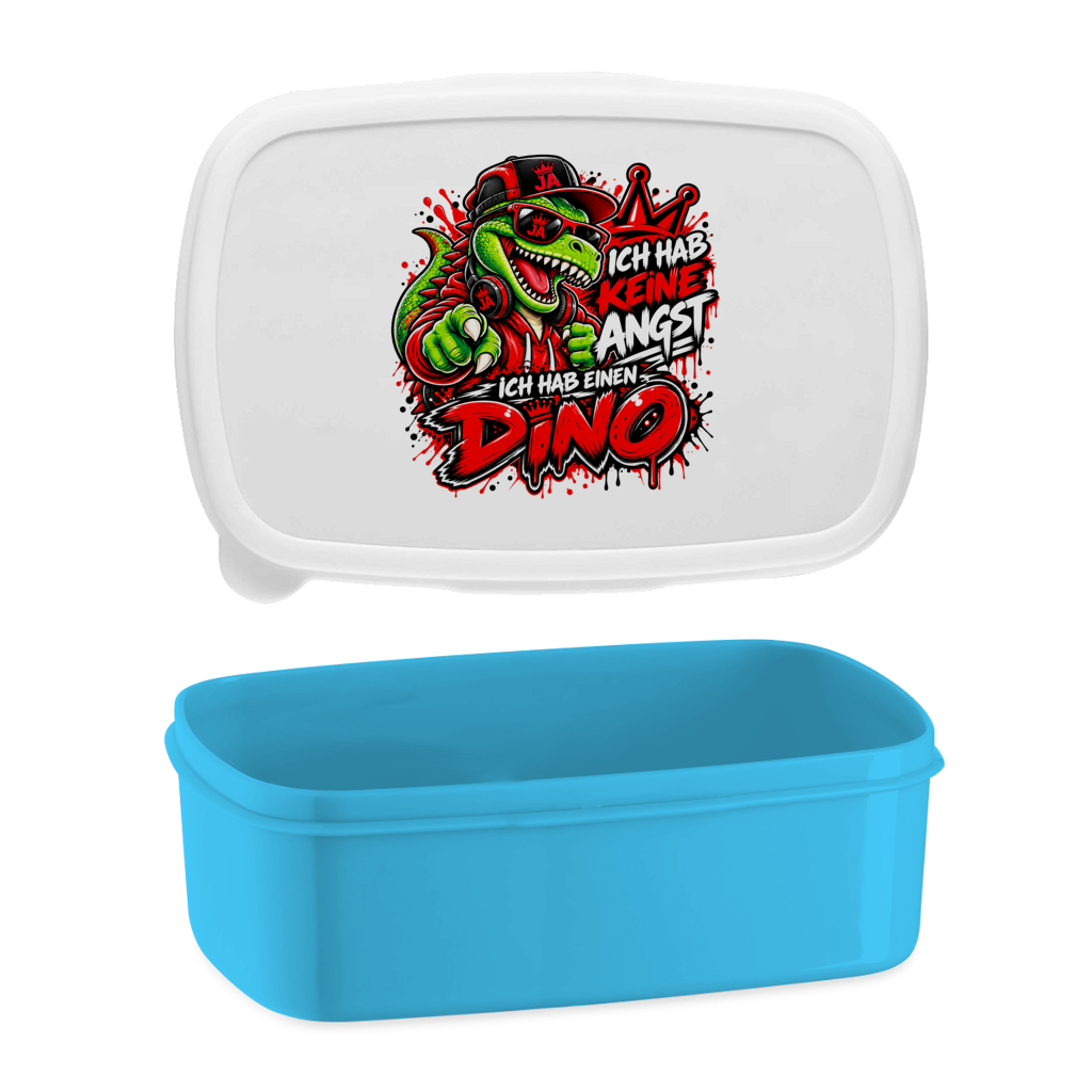 JA Ich habe keine Angst – Lunchbox in Blau, Aufdruck: Mutmacher-Dino: „Ich hab keine Angst. Ich hab einen Dino.“