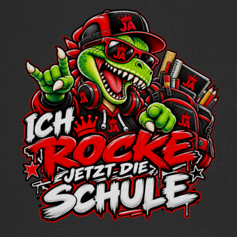 JA Schulstart Dino – Kinder-Hoodie, Nahaufnahme vom Motiv