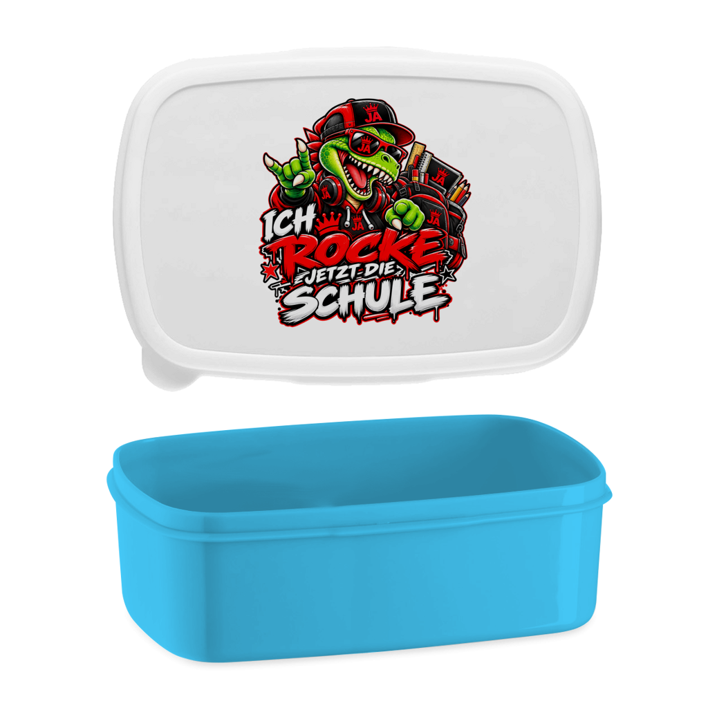 JA Schulstart Dino – Lunchbox in Blau, Aufdruck: Dino mit Cap und Schulsachen: „Ich rocke jetzt die Schule“ zur Einschulung
