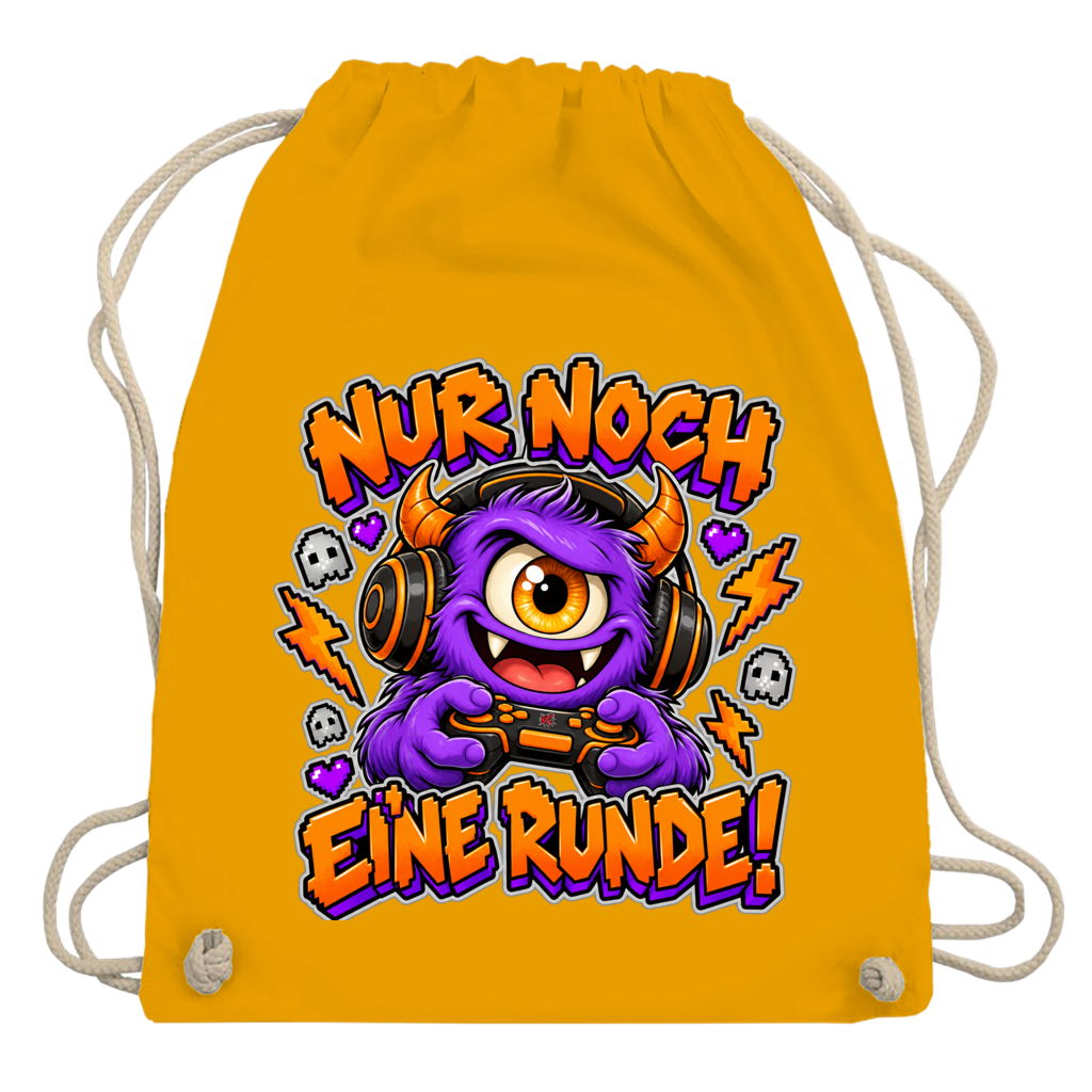 JA Monster Gamer – Turnbeutel in Senfgelb, Aufdruck: Gaming-Monster mit Controller: „Nur noch eine Runde!“