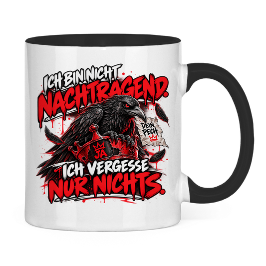 JA Ich vergesse nichts – Tasse in Schwarz, Rückansicht, ebenfalls bedruckt