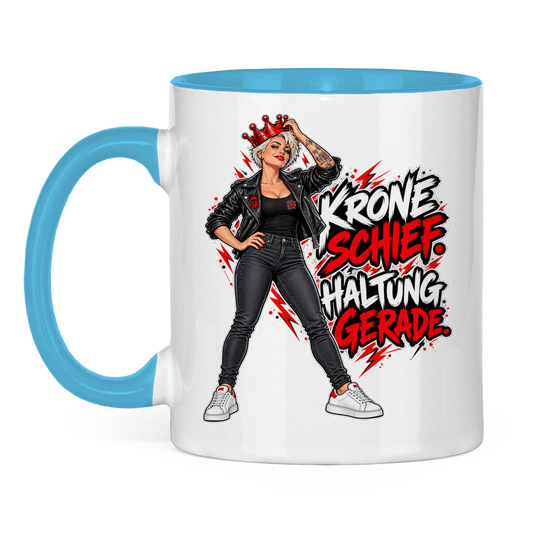 JA Krone schief, Haltung gerade – Tasse in Hellblau, Vorderansicht, Aufdruck: Frau mit schiefer roter Krone: „Krone schief. Haltung gerade.“