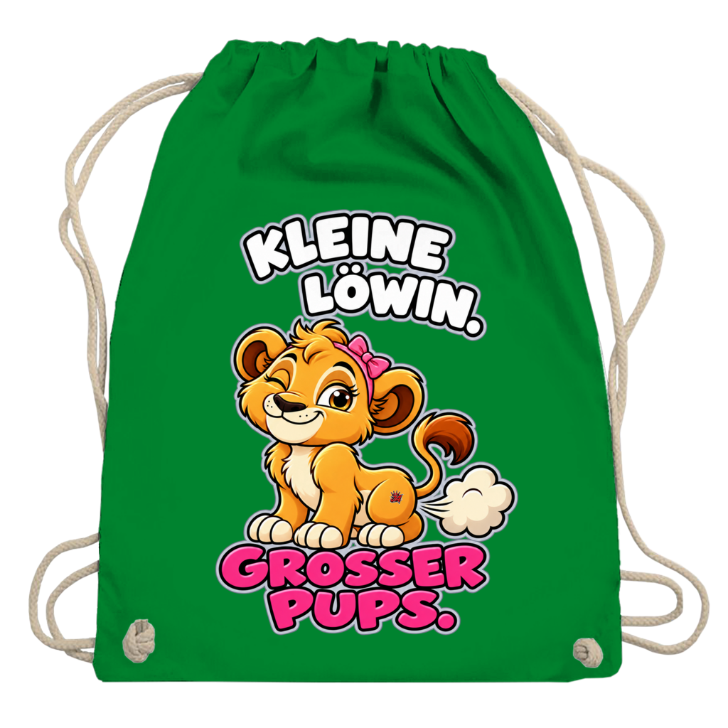 JA Pupsprinzessin – Turnbeutel in Kellygrün, Aufdruck: Lustige Löwin mit Schleife: „Kleine Löwin. Großer Pups.“
