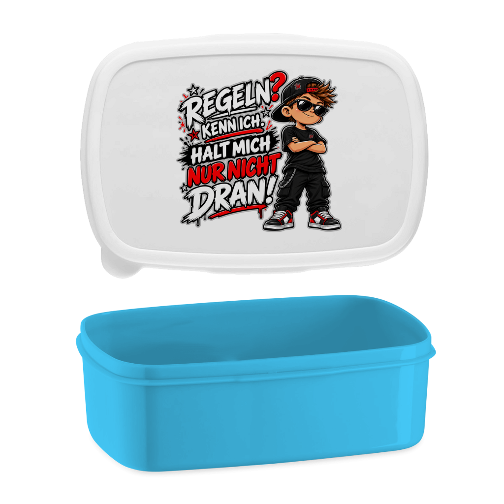 JA Regelbrecher – Lunchbox in Blau, Aufdruck: Cooler Kinderlook: „Regeln? Kenn ich. Halt mich nur nicht dran!“