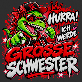 JA Große Schwester Dino – Kinder-T-Shirt, Nahaufnahme vom Motiv
