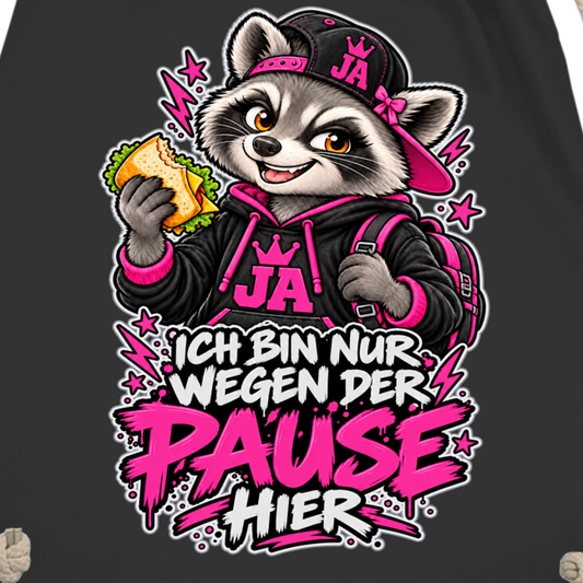JA Pausen-Waschbär Pink – Turnbeutel, Nahaufnahme vom Motiv