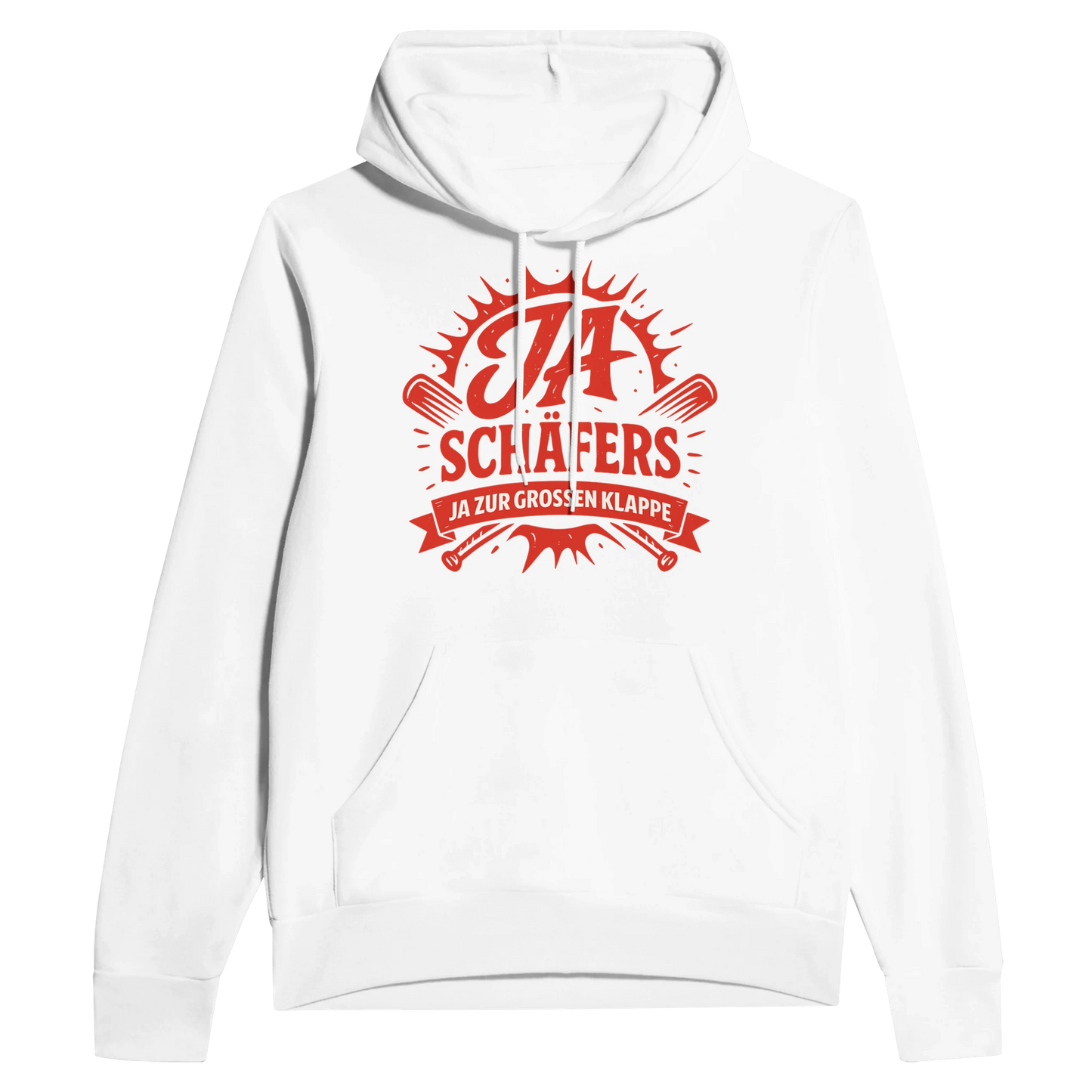 Weißer Unisex-Hoodie mit großem roten JA-SCHAEFERS.DE-Logo – rebellischer Streetwear-Look für Männer & Frauen.