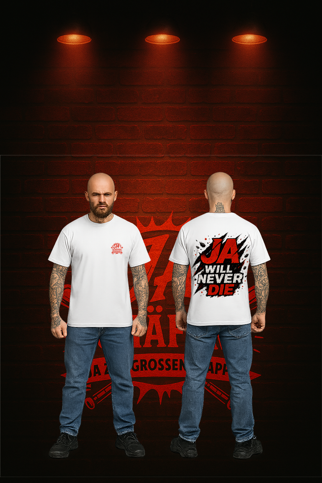Zwei tätowierte Männer tragen das Oversized T-Shirt „ONE LIFE ONE JA“ von JA-SCHAEFERS.DE – rebellischer Streetwear-Look mit rotem Hintergrund.