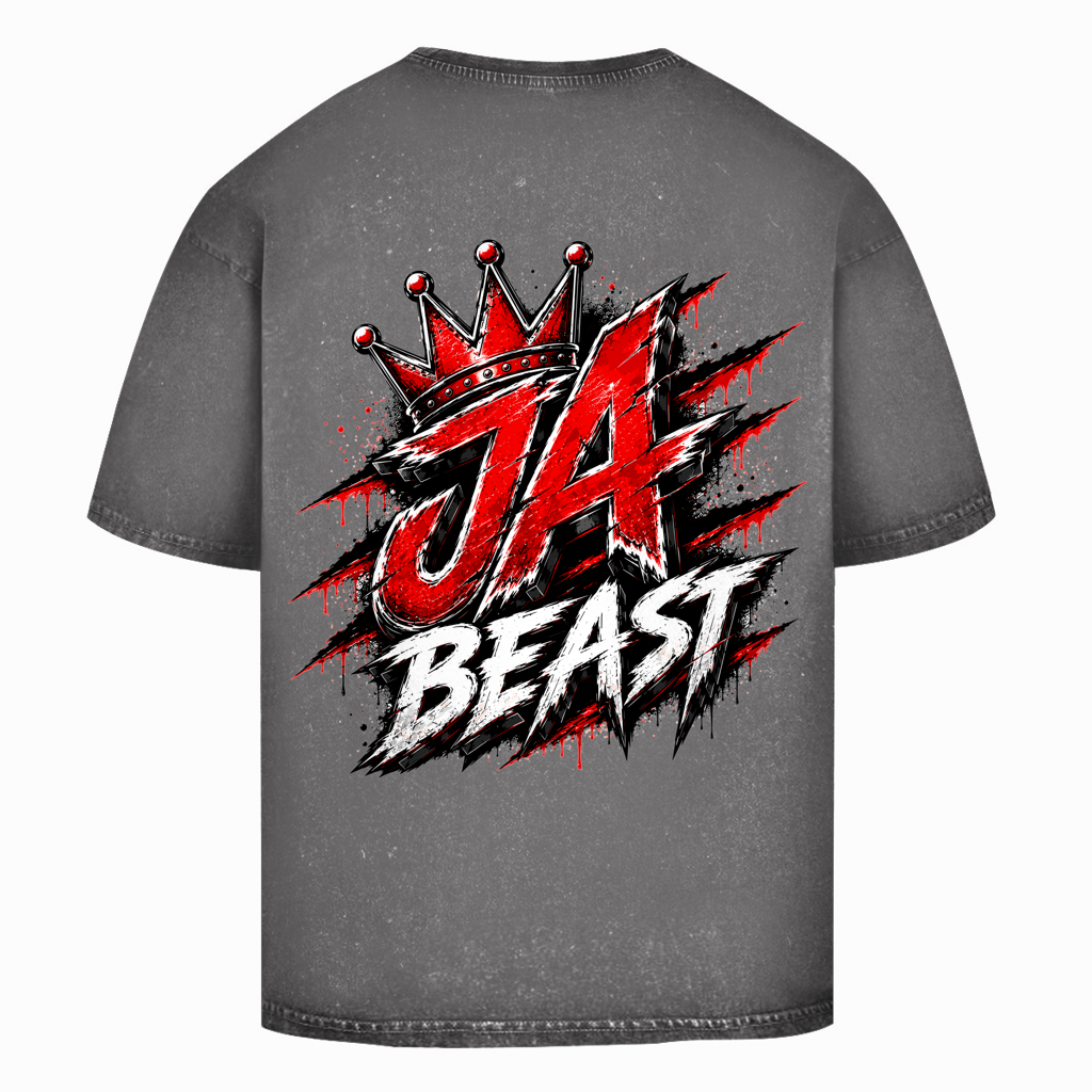 JA Beast – Oversize-Washed-Shirt in Asphaltgrau, Rückansicht, Rückendruck: Kraftvolles Markenmotiv „JA Beast“ mit roter Krone