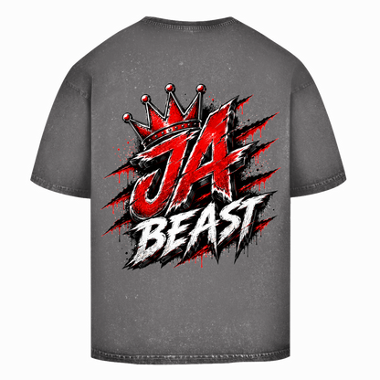 JA Beast – Oversize-Washed-Shirt in Asphaltgrau, Rückansicht, Rückendruck: Kraftvolles Markenmotiv „JA Beast“ mit roter Krone