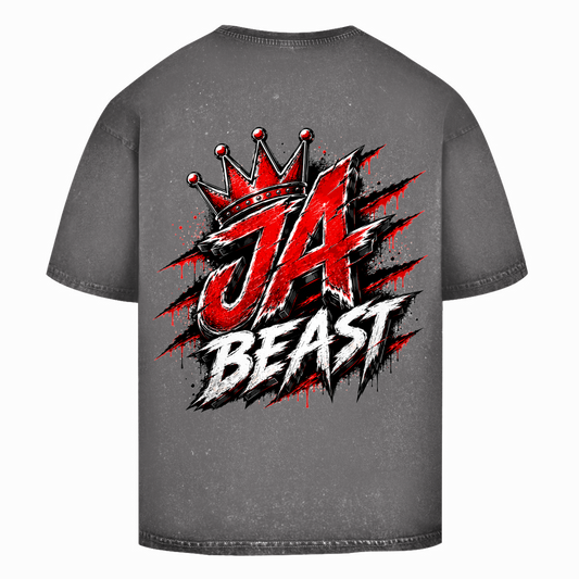 JA Beast – Oversize-Washed-Shirt in Asphaltgrau, Rückansicht, Rückendruck: Kraftvolles Markenmotiv „JA Beast“ mit roter Krone
