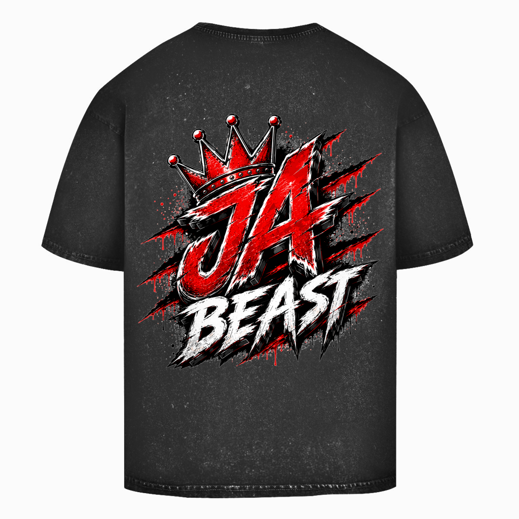 JA Beast – Oversize-Washed-Shirt in Schwarz, Rückansicht, Rückendruck: Kraftvolles Markenmotiv „JA Beast“ mit roter Krone