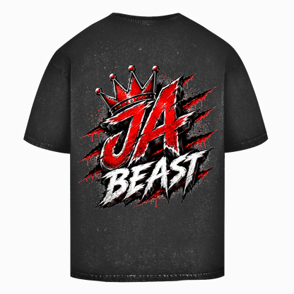 JA Beast – Oversize-Washed-Shirt in Schwarz, Rückansicht, Rückendruck: Kraftvolles Markenmotiv „JA Beast“ mit roter Krone