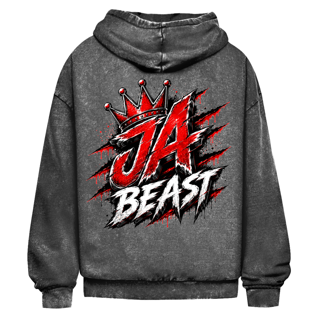 JA Beast – Oversize-Washed-Hoodie in Schwarz, Rückansicht, Rückendruck: Kraftvolles Markenmotiv „JA Beast“ mit roter Krone