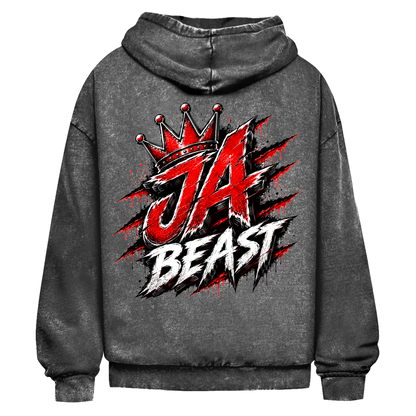 JA Beast – Oversize-Washed-Hoodie in Schwarz, Rückansicht, Rückendruck: Kraftvolles Markenmotiv „JA Beast“ mit roter Krone