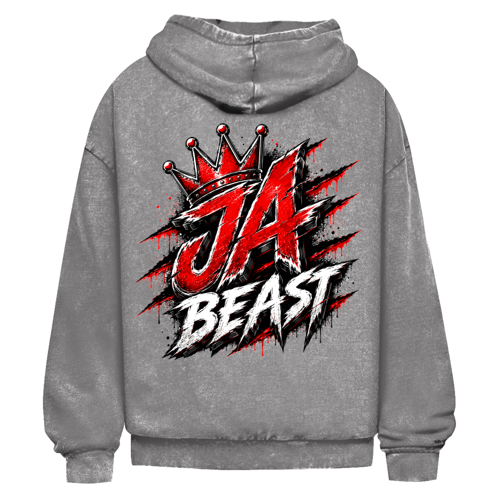 JA Beast – Oversize-Washed-Hoodie in Asphaltgrau, Rückansicht, Rückendruck: Kraftvolles Markenmotiv „JA Beast“ mit roter Krone
