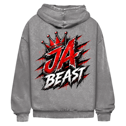 JA Beast – Oversize-Washed-Hoodie in Asphaltgrau, Rückansicht, Rückendruck: Kraftvolles Markenmotiv „JA Beast“ mit roter Krone