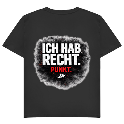 JA Ich hab Recht – Damen-V-Neck-Shirt in Schwarz, Rückansicht, Rückendruck: Klares Statement „Ich hab Recht. Punkt.“ in dunkler Rauchwolke