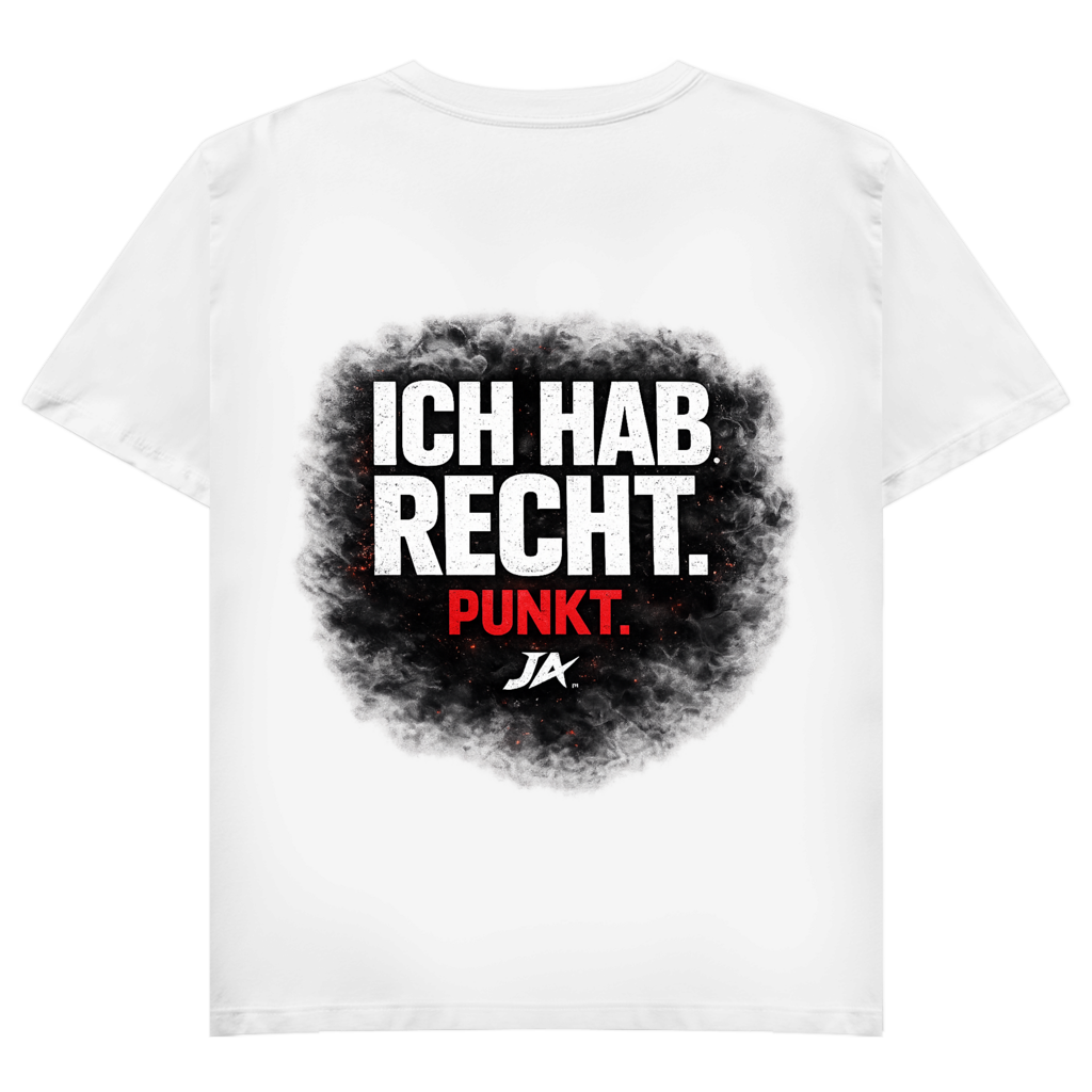 JA Ich hab Recht – Damen-V-Neck-Shirt in Weiß, Rückansicht, Rückendruck: Klares Statement „Ich hab Recht. Punkt.“ in dunkler Rauchwolke