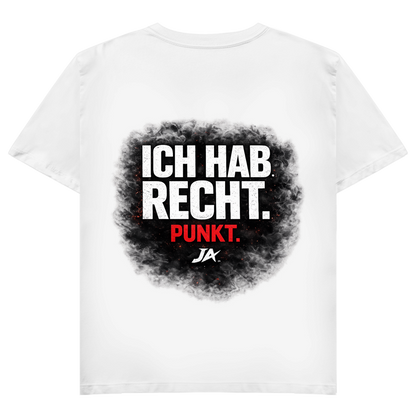 JA Ich hab Recht – Damen-V-Neck-Shirt in Weiß, Rückansicht, Rückendruck: Klares Statement „Ich hab Recht. Punkt.“ in dunkler Rauchwolke