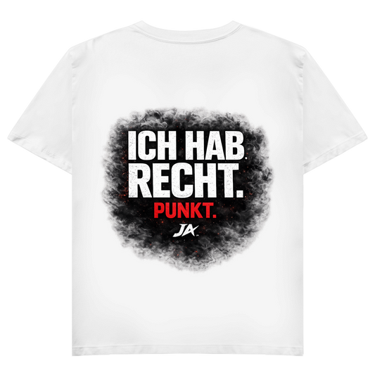 JA Ich hab Recht – Damen-V-Neck-Shirt in Weiß, Rückansicht, Rückendruck: Klares Statement „Ich hab Recht. Punkt.“ in dunkler Rauchwolke