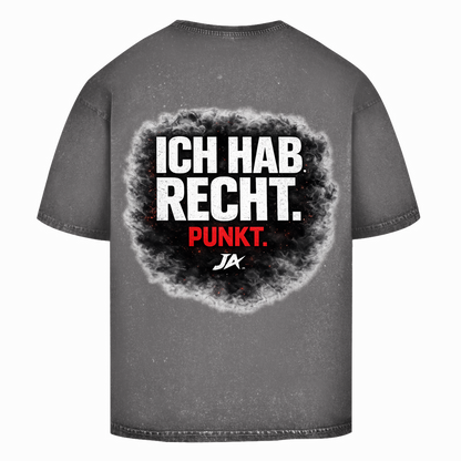 JA Ich hab Recht – Oversize-Washed-Shirt in Asphaltgrau, Rückansicht, Rückendruck: Klares Statement „Ich hab Recht. Punkt.“ in dunkler Rauchwolke