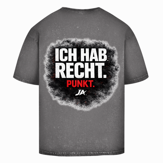 JA Ich hab Recht – Oversize-Washed-Shirt in Asphaltgrau, Rückansicht, Rückendruck: Klares Statement „Ich hab Recht. Punkt.“ in dunkler Rauchwolke