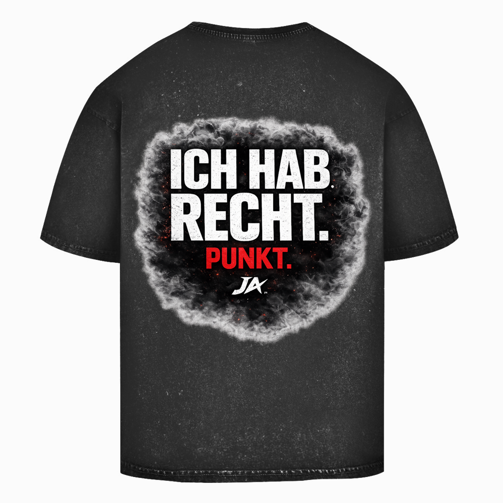 JA Ich hab Recht – Oversize-Washed-Shirt in Schwarz, Rückansicht, Rückendruck: Klares Statement „Ich hab Recht. Punkt.“ in dunkler Rauchwolke