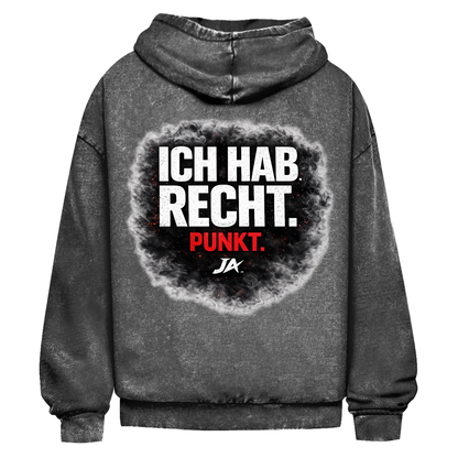 JA Ich hab Recht – Oversize-Washed-Hoodie in Schwarz, Rückansicht, Rückendruck: Klares Statement „Ich hab Recht. Punkt.“ in dunkler Rauchwolke