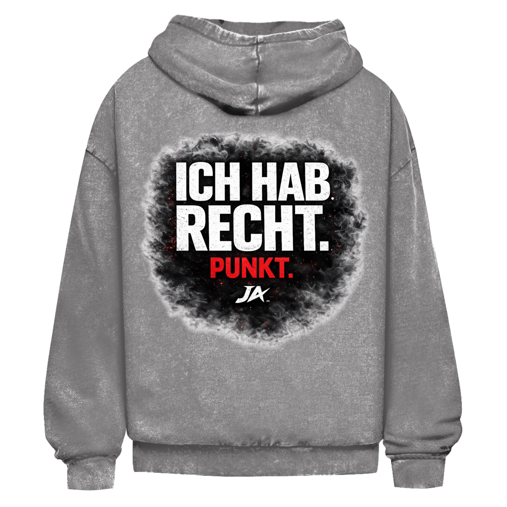JA Ich hab Recht – Oversize-Washed-Hoodie in Asphaltgrau, Rückansicht, Rückendruck: Klares Statement „Ich hab Recht. Punkt.“ in dunkler Rauchwolke