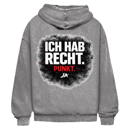 JA Ich hab Recht – Oversize-Washed-Hoodie in Asphaltgrau, Rückansicht, Rückendruck: Klares Statement „Ich hab Recht. Punkt.“ in dunkler Rauchwolke