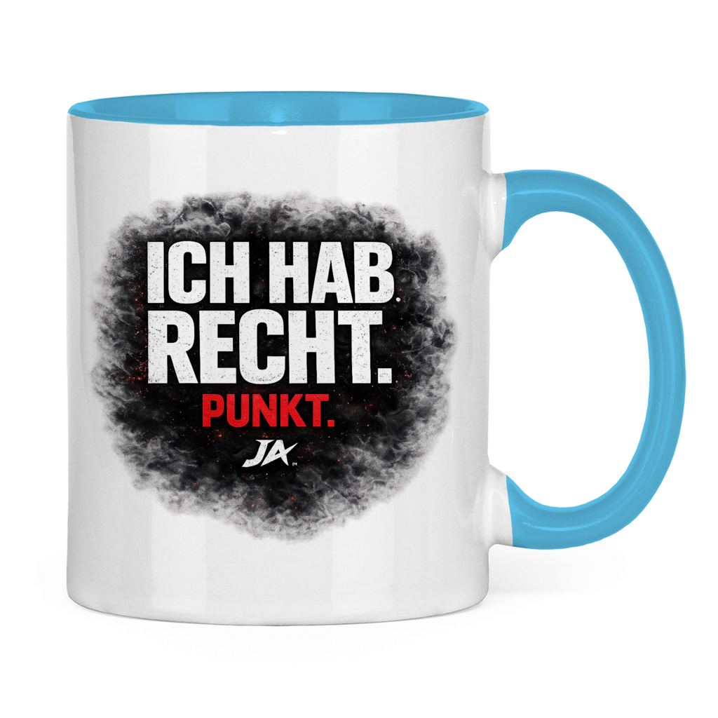 JA Ich hab Recht – Tasse in Hellblau, Rückansicht, ebenfalls bedruckt