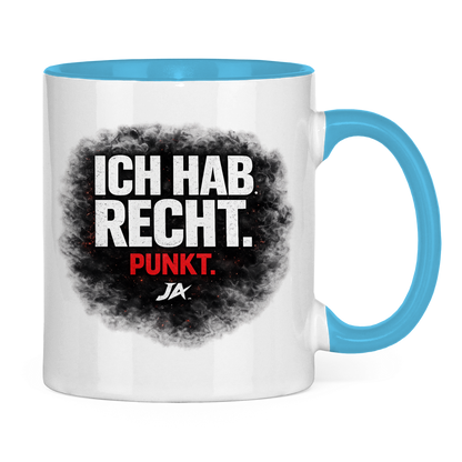 JA Ich hab Recht – Tasse in Hellblau, Rückansicht, ebenfalls bedruckt