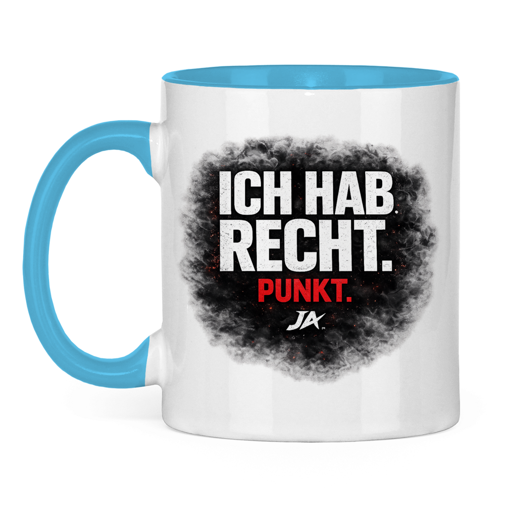 JA Ich hab Recht – Tasse in Hellblau, Vorderansicht, Aufdruck: Klares Statement „Ich hab Recht. Punkt.“ in dunkler Rauchwolke