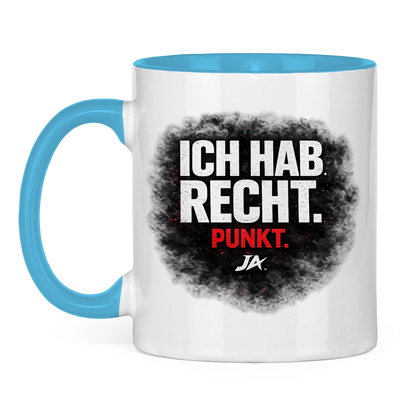 JA Ich hab Recht – Tasse in Hellblau, Vorderansicht, Aufdruck: Klares Statement „Ich hab Recht. Punkt.“ in dunkler Rauchwolke