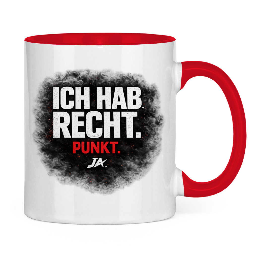 JA Ich hab Recht – Tasse in Rot, Rückansicht, ebenfalls bedruckt