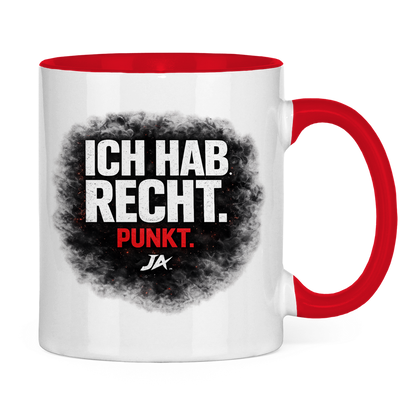 JA Ich hab Recht – Tasse in Rot, Rückansicht, ebenfalls bedruckt
