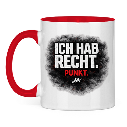 JA Ich hab Recht – Tasse in Rot, Vorderansicht, Aufdruck: Klares Statement „Ich hab Recht. Punkt.“ in dunkler Rauchwolke