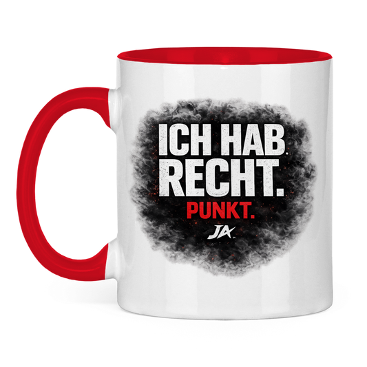 JA Ich hab Recht – Tasse in Rot, Vorderansicht, Aufdruck: Klares Statement „Ich hab Recht. Punkt.“ in dunkler Rauchwolke