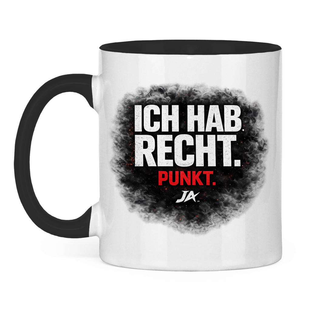 JA Ich hab Recht – Tasse in Schwarz, Vorderansicht, Aufdruck: Klares Statement „Ich hab Recht. Punkt.“ in dunkler Rauchwolke