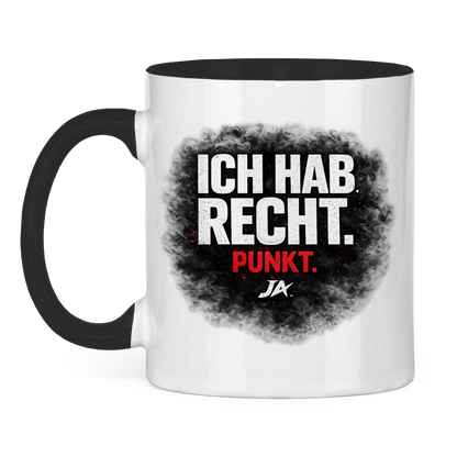 JA Ich hab Recht – Tasse in Schwarz, Vorderansicht, Aufdruck: Klares Statement „Ich hab Recht. Punkt.“ in dunkler Rauchwolke