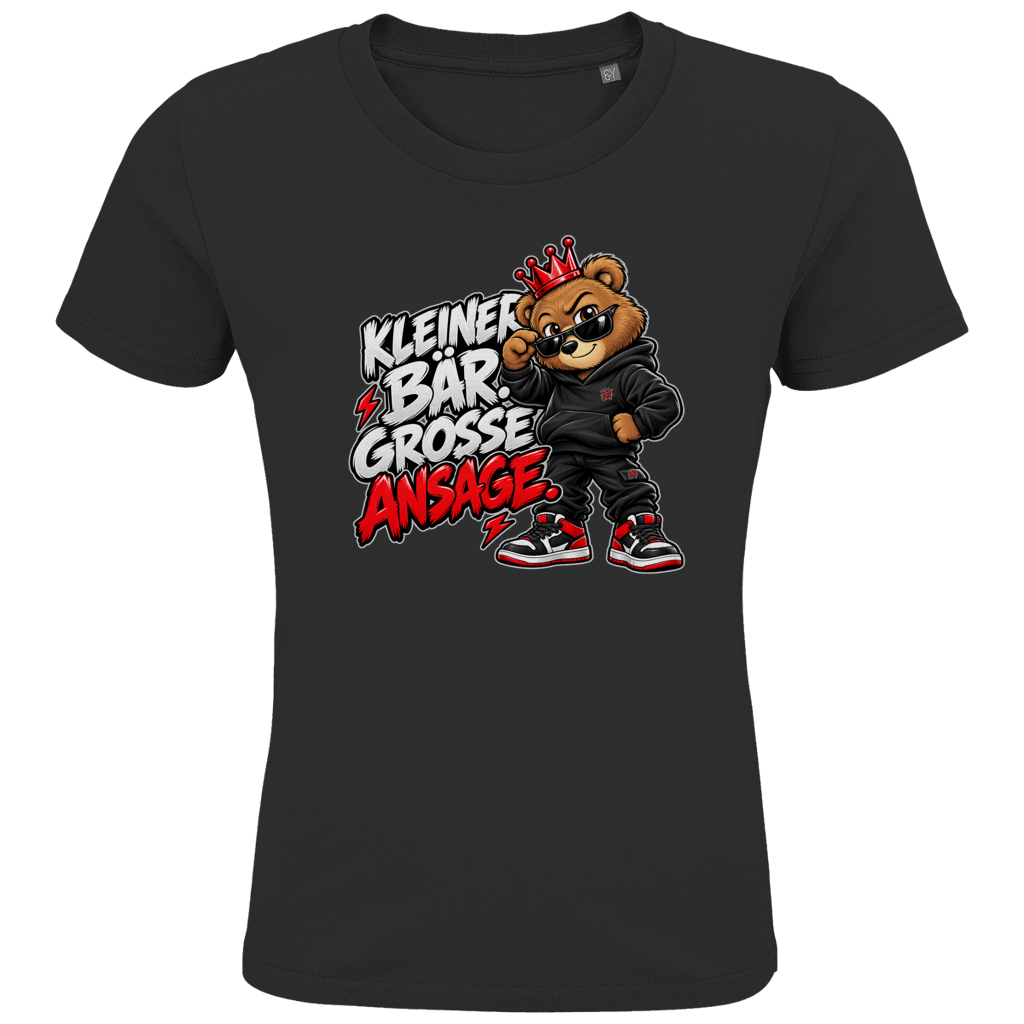 JA Ansage – Kinder-T-Shirt in Schwarz, Vorderansicht, Frontdruck: Lässiger Bär mit Krone: „Kleiner Bär. Große Ansage.“