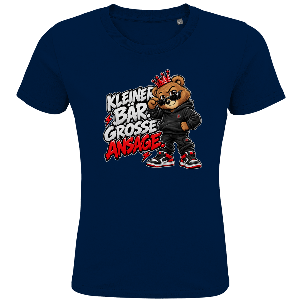 JA Ansage – Kinder-T-Shirt in Marineblau, Vorderansicht, Frontdruck: Lässiger Bär mit Krone: „Kleiner Bär. Große Ansage.“