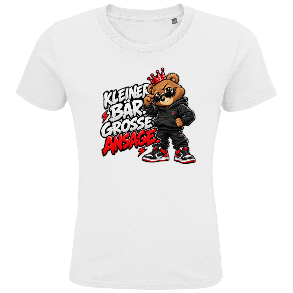 JA Ansage – Kinder-T-Shirt in Weiß, Vorderansicht, Frontdruck: Lässiger Bär mit Krone: „Kleiner Bär. Große Ansage.“