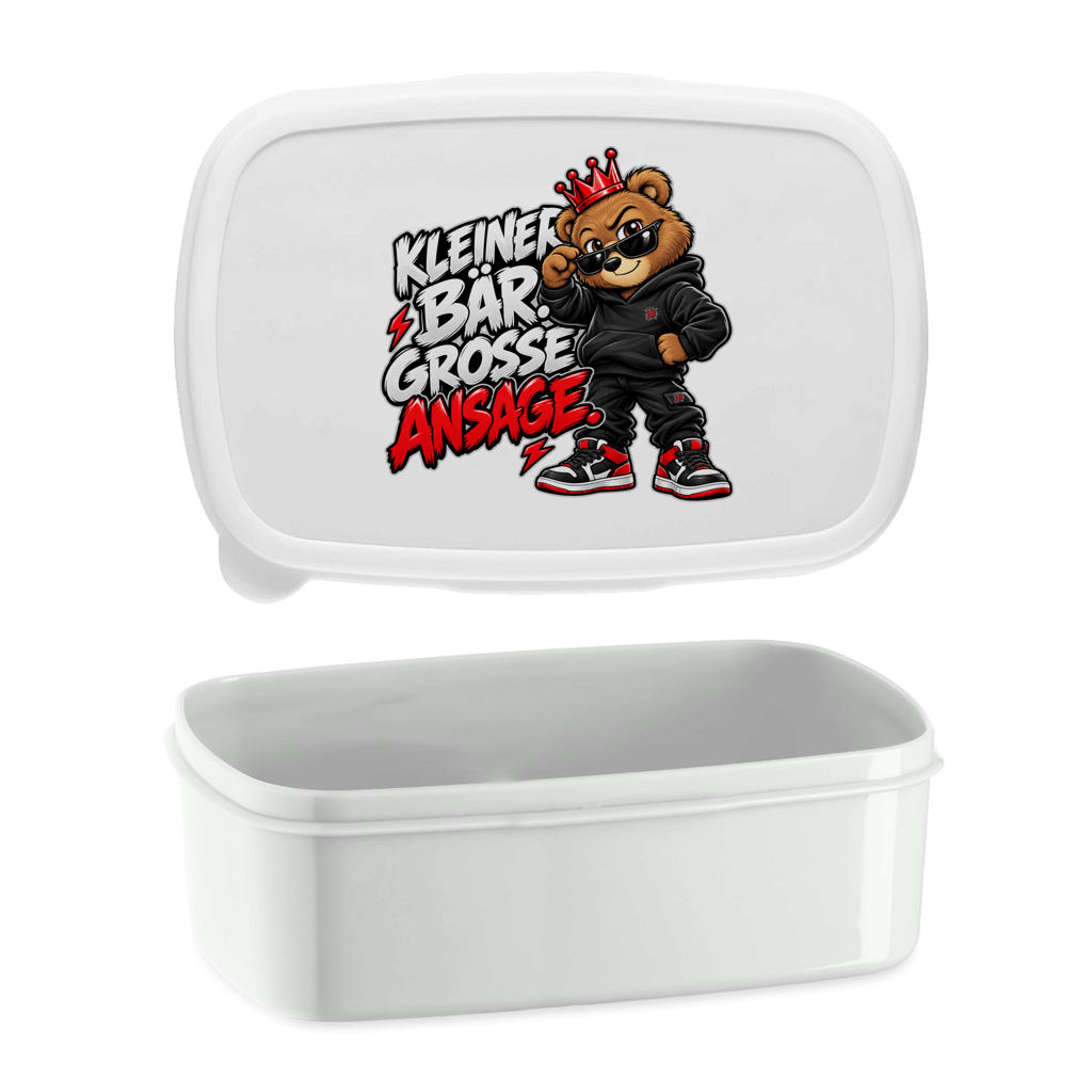 JA Ansage – Lunchbox in Weiß, Aufdruck: Lässiger Bär mit Krone: „Kleiner Bär. Große Ansage.“