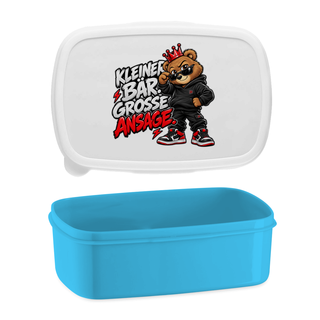 JA Ansage – Lunchbox in Blau, Aufdruck: Lässiger Bär mit Krone: „Kleiner Bär. Große Ansage.“